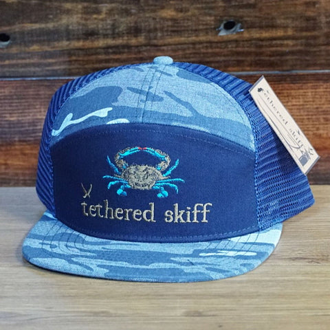 Blue Crab - 7 Panel Flat Bill - Dark Blue Camo - Tethered Skiff