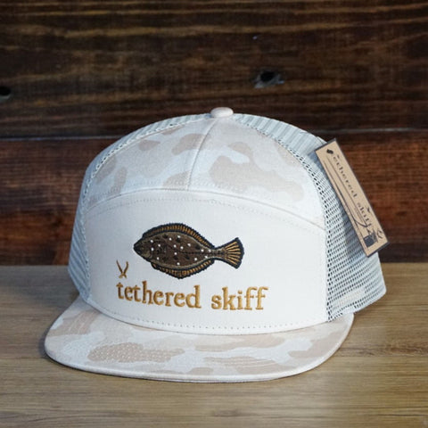 Flounder - 7 Panel Flat Bill - Brown Camo - Tethered Skiff