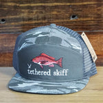 Red Snapper - 7 Panel Flat Bill - Gray Camo - Tethered Skiff