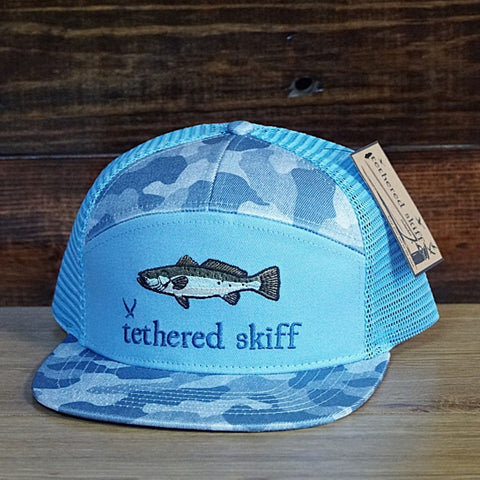 Trout - 7 Panel Flat Bill - Blue Camo - Tethered Skiff