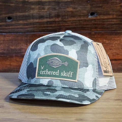 Youth - Flounder Patch - Classic Trucker - Green Camo - Tethered Skiff